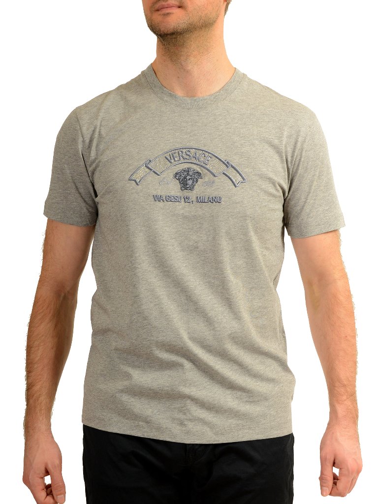 Versace Men's Strass Logo Print Gray Crewneck Short Sleeve T-Shirt Us Xl It 54